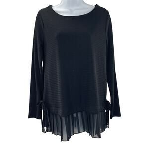 LAUREN CONRAD Black Knit Pullover Long Sleeve Sheer Pleated & Bow Tie Hem Top S